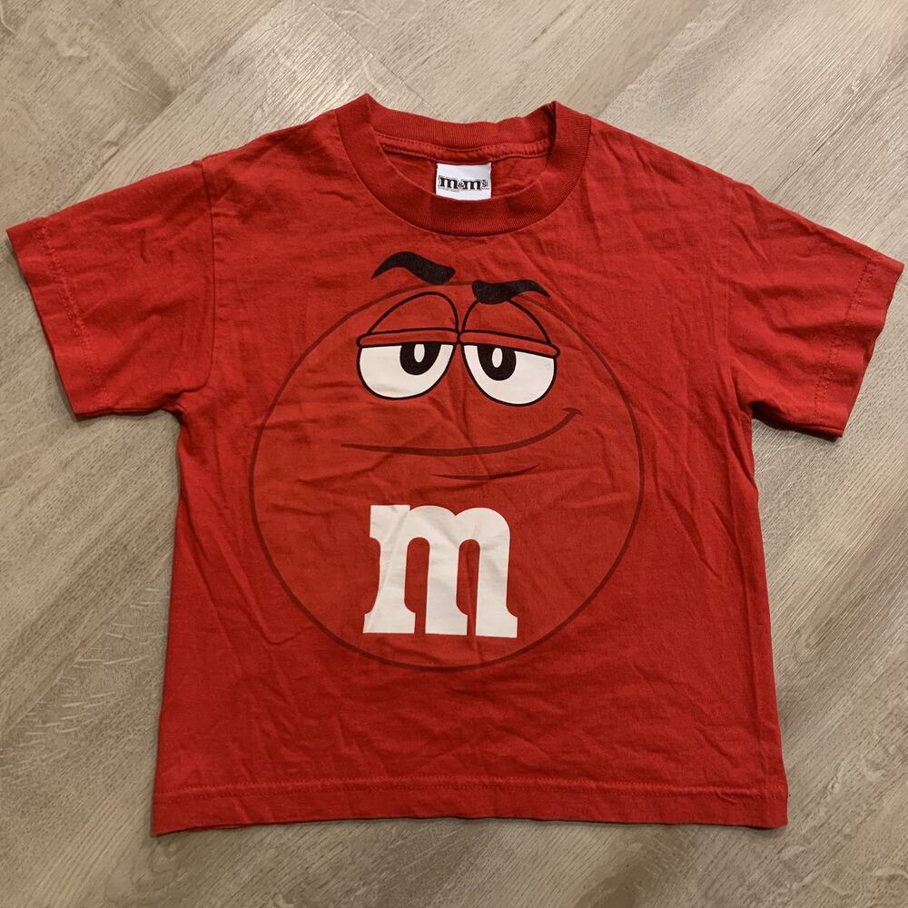 Y2K M&Ms T-Shirt Red Big Face Candy Youth Boys XS AOP Short Sleeve Funny Kids